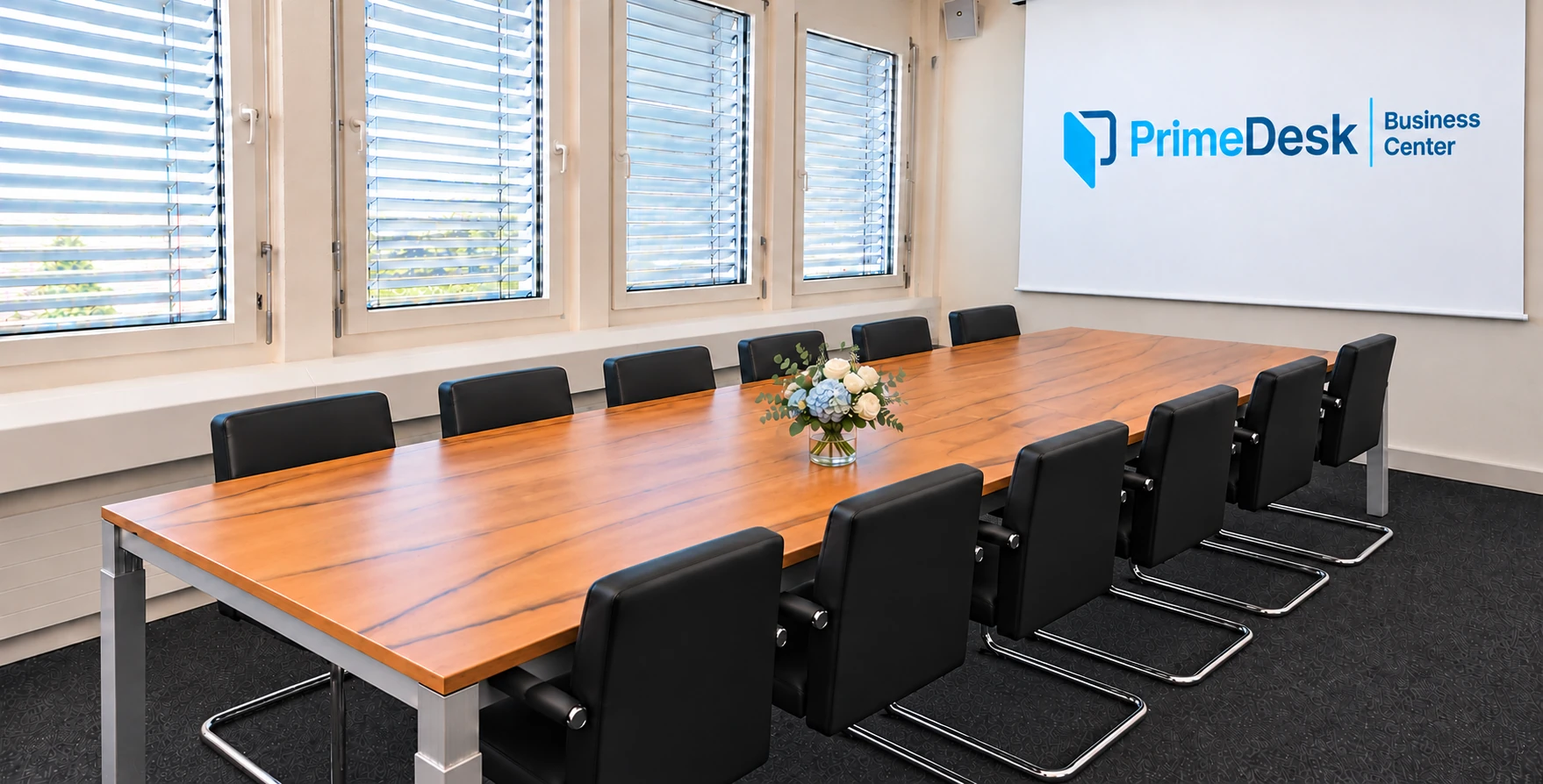 Sihlsee meeting room with a long wooden table, twelve black chairs, flowers and the PrimeDesk logo on the projection screen
